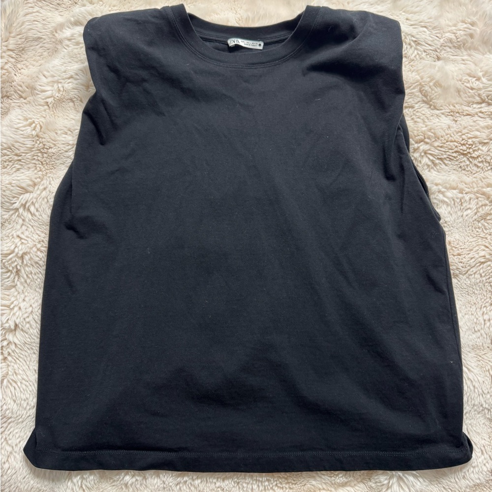 NWOT Zara Black Cotton Sleeveless Crewneck Tank Top with Shoulder Pads in L